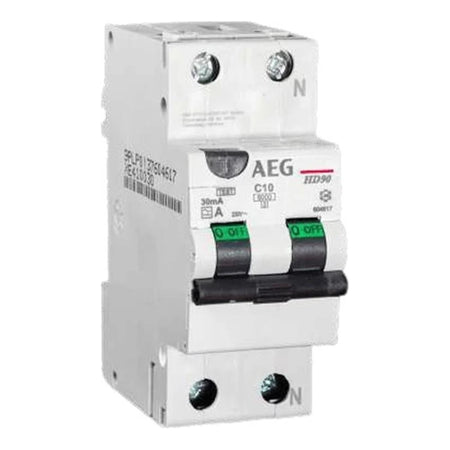 AEG HD90 2-pole RCBO with 30 mA type A earth-leakage protection, representative image of the HD90 range, on white background.
