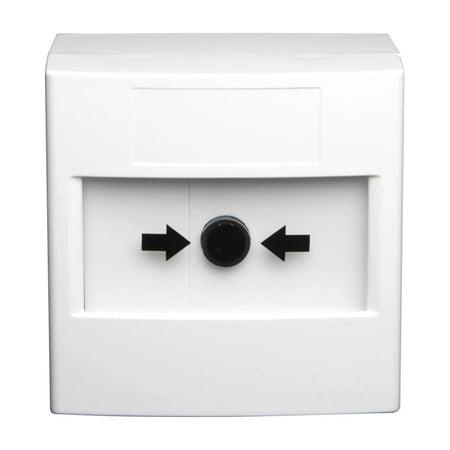 STI ReSet LK-5-VT white alarm call point (RP-WD2-11), resettable operating element with arrows, front view on white background.