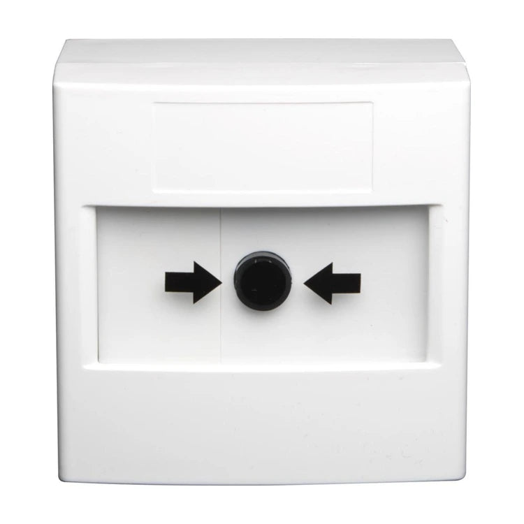 STI ReSet LK-5-VT white alarm call point (RP-WD2-11), resettable operating element with arrows, front view on white background.