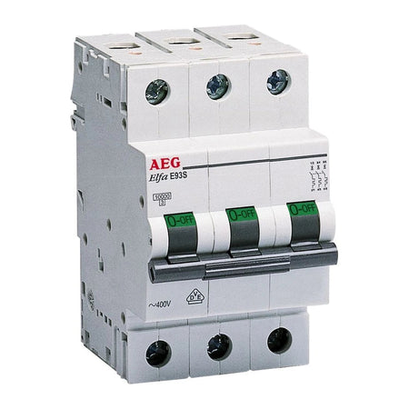 AEG Elfa E93S 3-pole miniature circuit breaker, C-curve 10 kA, representative image of the E93S family, on white background.