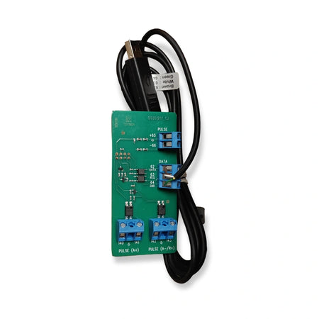 Kamstrup METERTOOL kit 68-30-017, data/pulse module board 55351261 with USB cable wired to the data terminals, top view on white background.