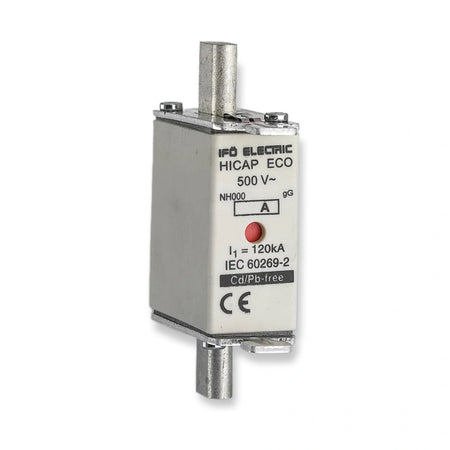 Ifö Electric Hicap Eco NH000 gG knife fuse link, 701010 10A 500V, front three-quarter view on white background.