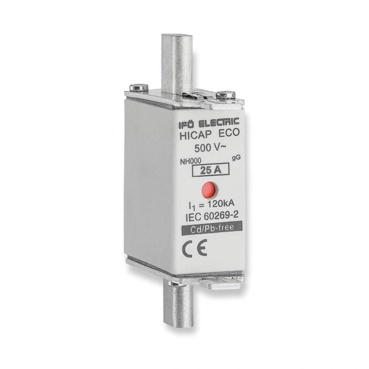 Ifö Electric NH000 (C00) Knife Fuse Link gG 25A 500V AC (701025), front view showing printed label, red indicator, and metal terminals, on white background.
