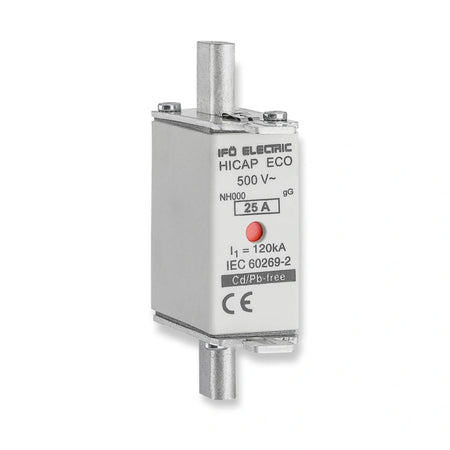 Ifö Electric NH000 (C00) Knife Fuse Link gG 25A 500V AC (701025), front view showing printed label, red indicator, and metal terminals, on white background.