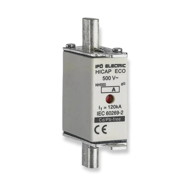 Ifö Electric Hicap Eco NH000 Knife Fuse Link gG 50A 500V AC (701050), label side with red indicator and metal terminals, on white background.
