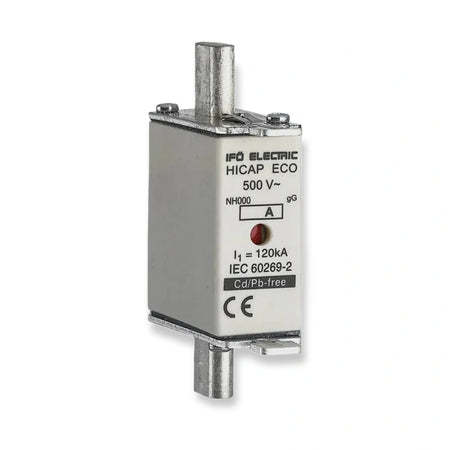 Ifö Electric NH000 (C00) gG knife fuse link 701100, 100A 500V, label side with indicator, on white background.
