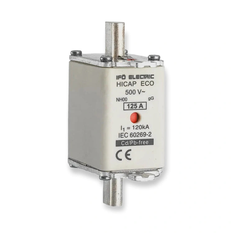 Ifö Hicap Eco gG 00 125A 500V Knife Fuse - 701125, front view of white housing with red indicator and metal terminals, on white background.