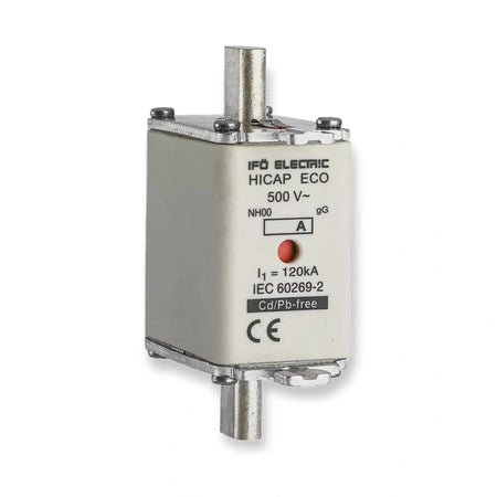 Ifö Electric Hicap Eco gG 00 160A 500V Knife Fuse - 701160, label side with red indicator, metal terminals, and mounting screws, on white background.