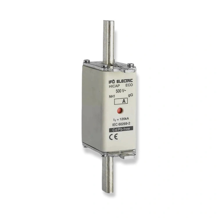 Ifö Electric Hicap Eco NH1 Knife Fuse Link gG 80A 500V (703080), front view showing printed label, red indicator, and metal terminals, on white background.