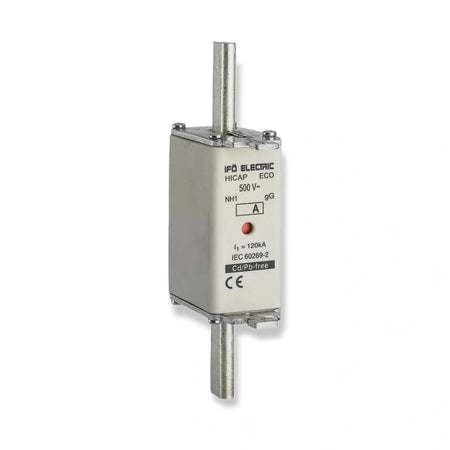 Ifö Electric Hicap Eco NH1 Knife Fuse Link gG 80A 500V (703080), front view showing printed label, red indicator, and metal terminals, on white background.