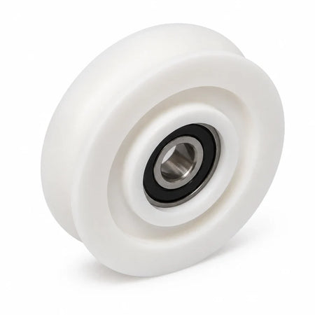 White Thyssen S8-compatible round-groove hanger roller with sealed 6200 bearing and 10 mm bore, 70 × 17 mm, SKU 70x17x6200-RG, shown in a front three-quarter studio view.