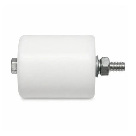 White universal compensation-chain guide roller, 70 mm long and 60 mm diameter, side view with threaded stud and hex nut, SKU 7340233108504.