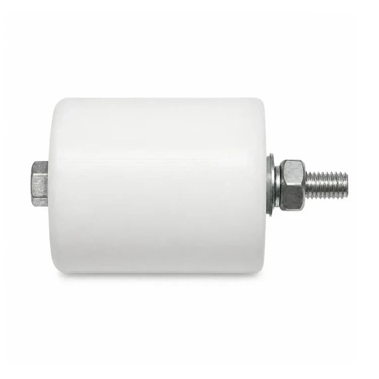 White universal compensation-chain guide roller, 70 mm long and 60 mm diameter, side view with threaded stud and hex nut, SKU 7340233108504.