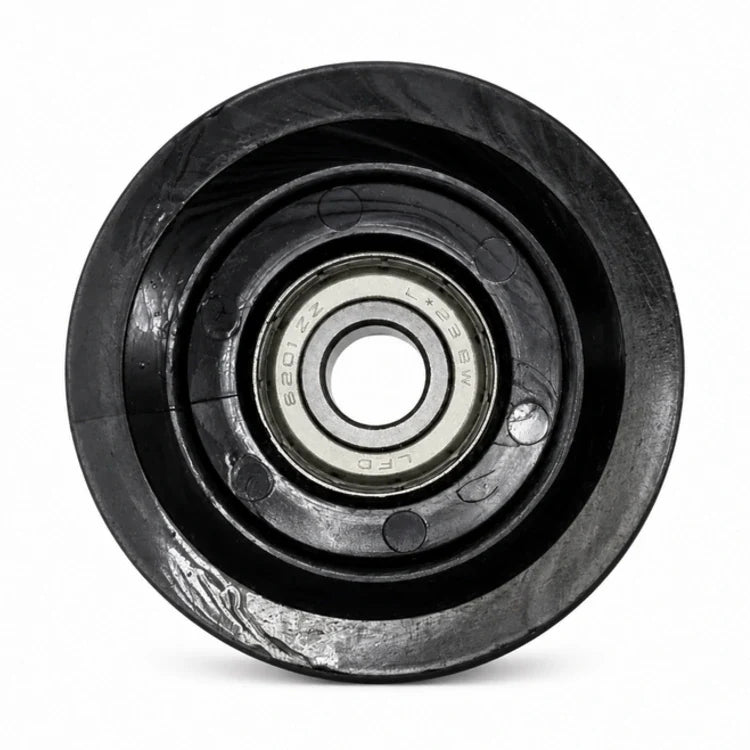 Thyssen S8-compatible V-profile hanger roller, 70/60 × 17 mm, with a black polymer wheel and central metal bearing, SKU 7340233138143, shown face-on.