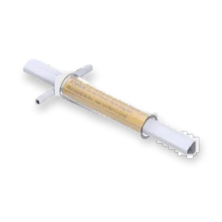 Emergency key 135mm EN81 triangular (I-GB-FD) (7340233138518), diagonal view of cylindrical tube with printed label and white end caps, on white background.