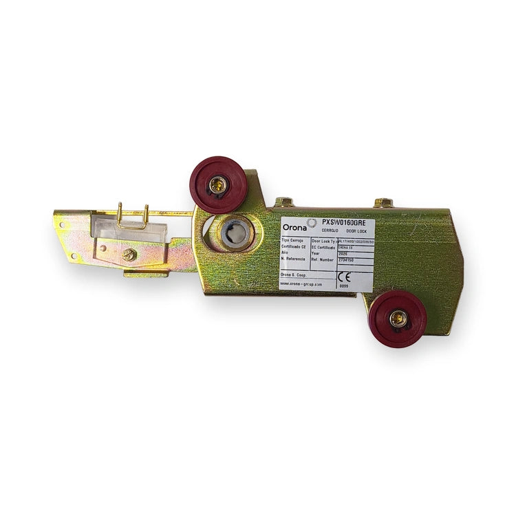 Orona OR96 door lock, left hand, label side with red guide rollers and safety contact, on white background.