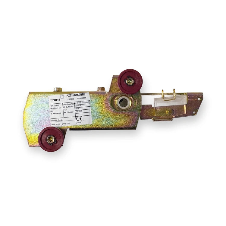 Orona OR96 door lock, right hand, label side with red guide rollers and safety contact, on white background.