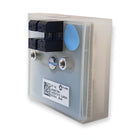 Orona speed governor encoder, 150 pulse, blue marker sticker, in clear housing, on white background.
