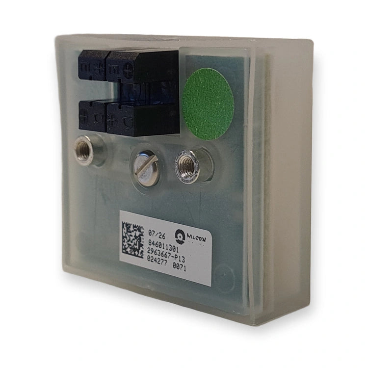 Orona speed governor encoder, 80 pulse, green marker sticker, in clear housing, on white background.