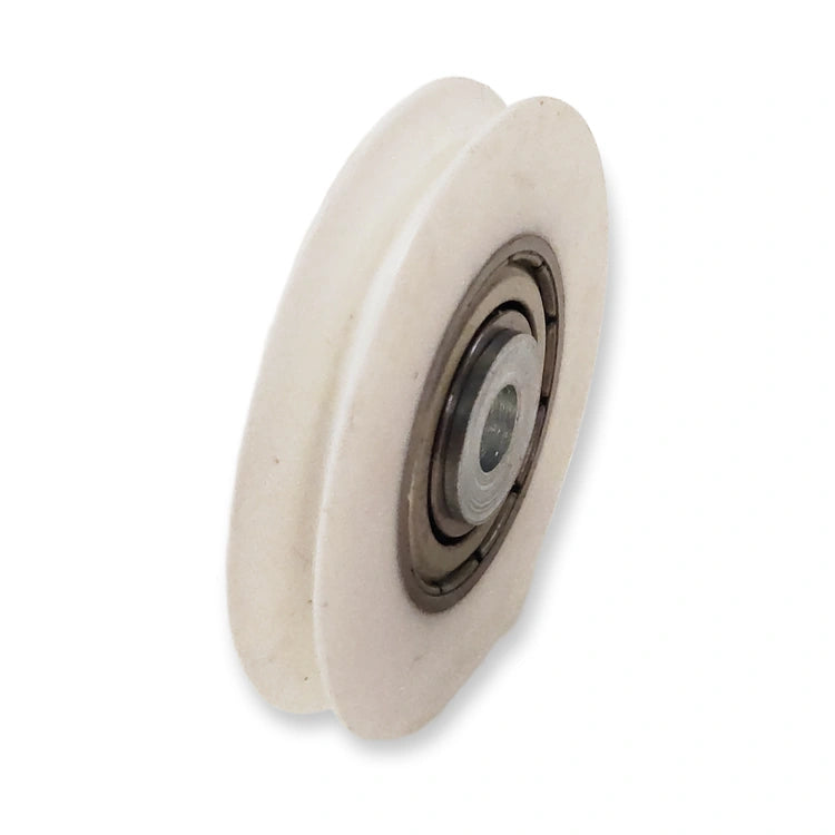 Schindler V30 300P compatible sync roller 45x8 mm, side view showing the rope groove on white background.