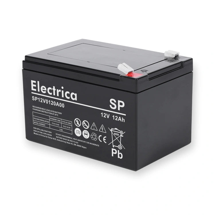 Electrica AGM 12V/12AH Lead acid battery (9761598), black battery with white label and two terminals on top, angled view, on white background.
