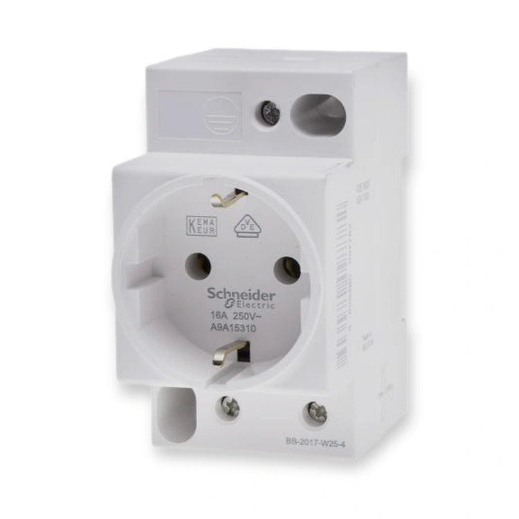 Schneider Acti9 iPC DIN-Rail Schuko Socket 16A 2P+E, A9A15310, front view of white socket with two metal pins and printed label, on white background.
