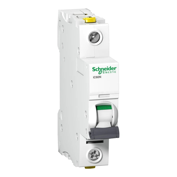 Schneider Electric Acti9 iC60N 1-pole miniature circuit breaker A9F04116, representative image, on white background.