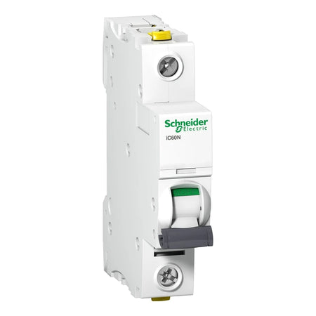 Schneider Electric Acti9 iC60N 1-pole miniature circuit breaker A9F04116, representative image, on white background.