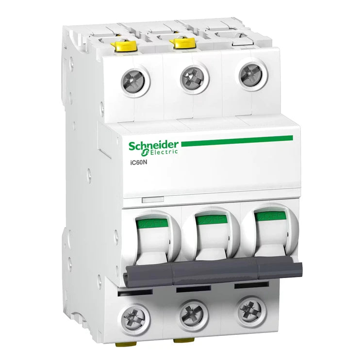 Schneider Electric Acti9 iC60N 3-pole miniature circuit breaker A9F04363, representative image, on white background.