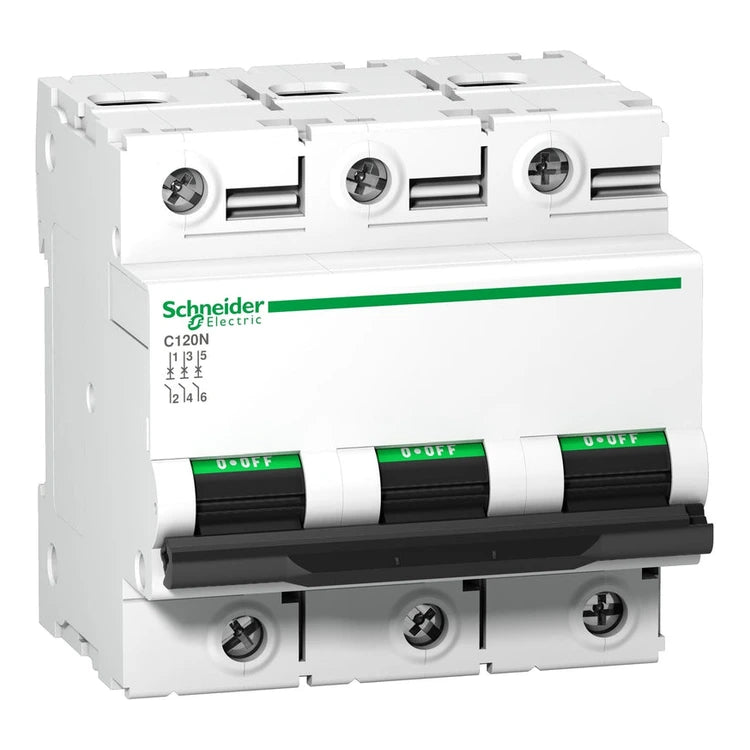 Acti9 C120N Circuit Breaker, 3P, 100A, C curve, thermal-magnetic, 10kA, on white background.