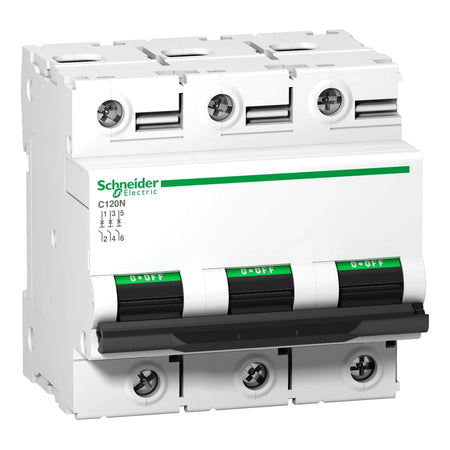 Acti9 C120N Miniature Circuit Breaker, 3P, 125A, C curve, on white background.