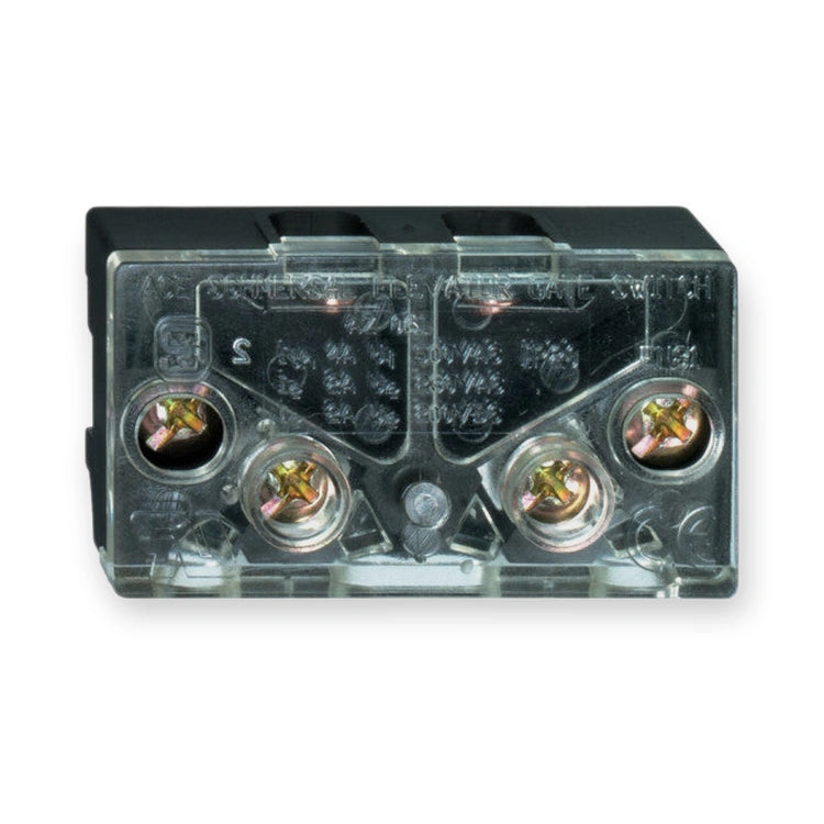 Schmersal Lock contact AZ-061 OEM, front view showing transparent cover with four brass screw terminals, on white background.