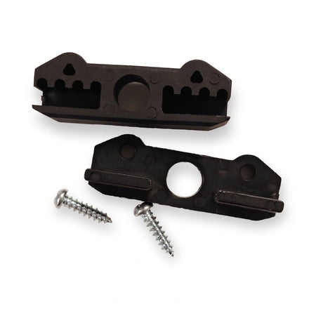 Fermator VF door operator belt clamp HTD 5M, two halves with screws on white background.
