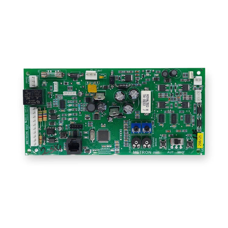 Metron controller board (BUS M2) for lift door operator, with closing and opening speed adjusters, AUT/MAN switch and battery connector, top view on white background.