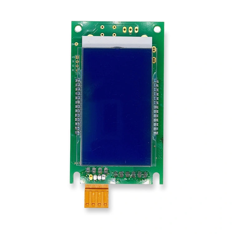 STA.GE. LCD-S small blue LCD display for CAN bus lift landing and car indication, front view on white background.