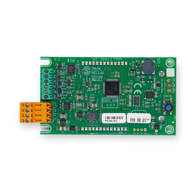 Back of the STA.GE. LCD-S display: Sta.Ge Hellas SGD_09 v2.3 board with CAN bus connectors, on white background.