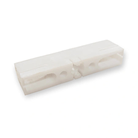 Schindler 300P V30 compatible door slider clip, white plastic, three-quarter view on white background.