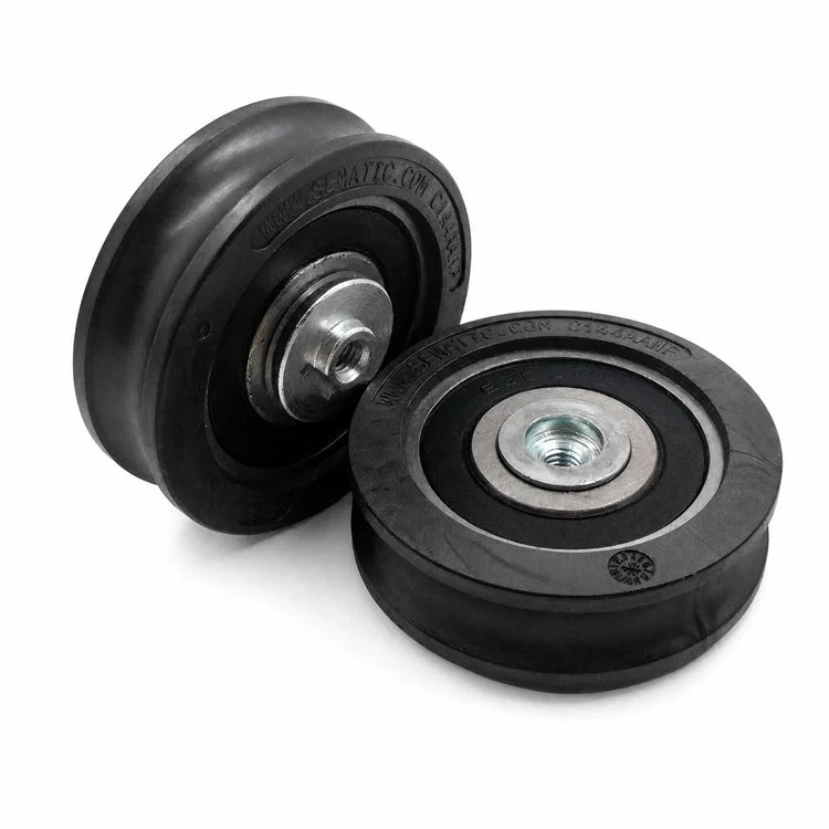 Two Sematic C144AANP hanger rollers Ø60/53 × 18 mm with M6 hardware, SKU C144AANP-3rd, shown in a front three-quarter studio view.