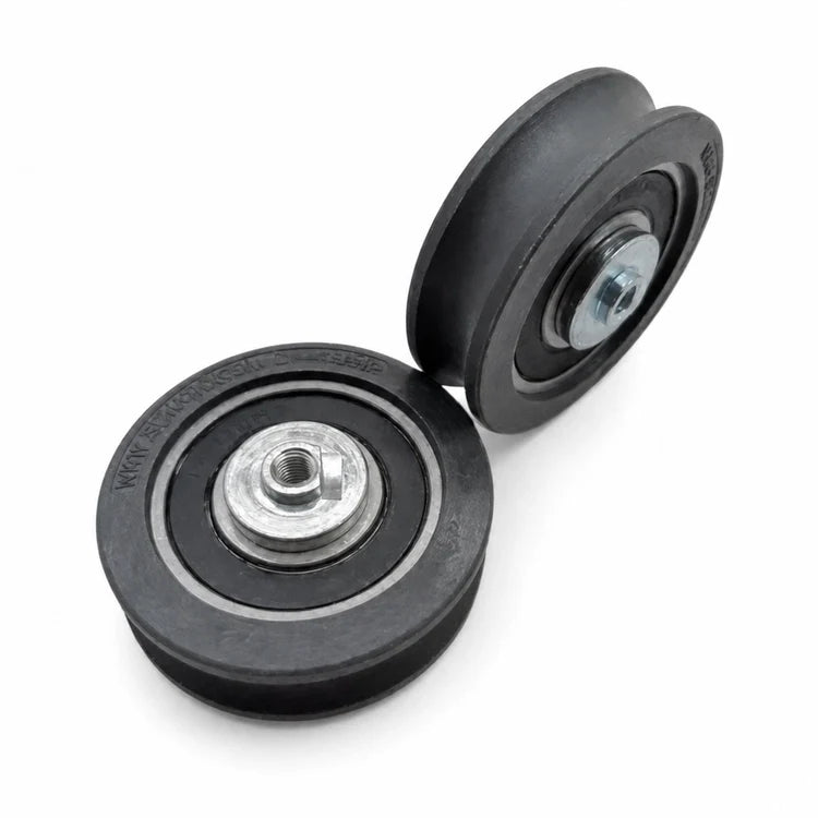 Two Sematic C144AANP hanger rollers Ø60/53 × 18 mm with M6 hardware, SKU C144AANP-3rd, shown in an alternate studio arrangement.