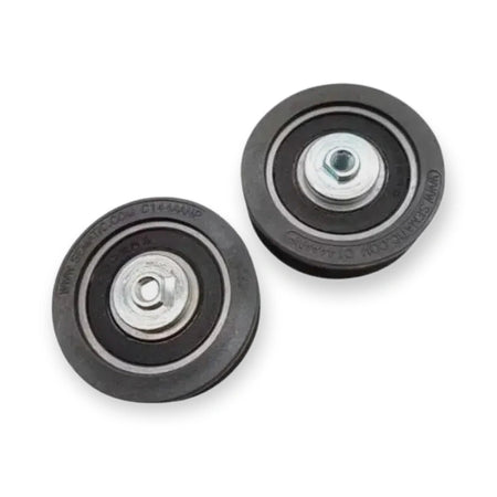 SEMATIC C144AATA/C144AACP Compatible Hanger Roller 74x18x6303 (C144AATA-3rd), top view of two black rollers with central metal hubs, on white background.