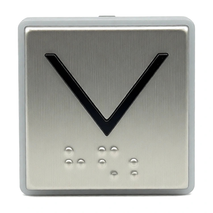 Call button compatible with Schindler 3300/3600/5500, down arrow, with braille, front view, on white background.