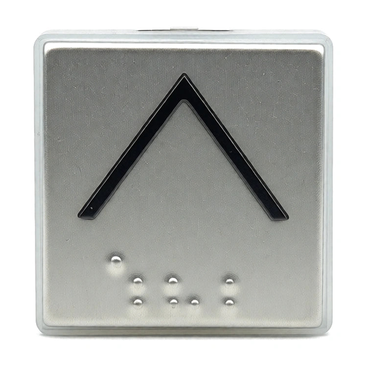 Call button compatible with Schindler 3300/3600/5500, up arrow, with braille, front view, on white background.