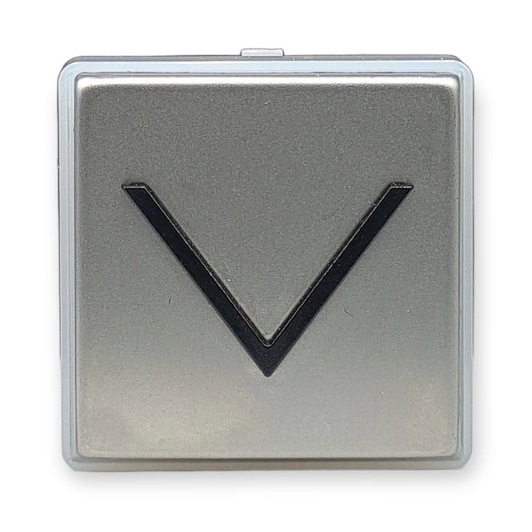 Call button compatible with Schindler 3300/3600/5500, down arrow, no braille, brushed face, front view, on white background.