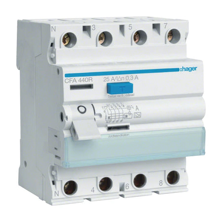 Hager CFA440R residual current circuit breaker, 4-pole 40 A 300 mA type A, on white background.