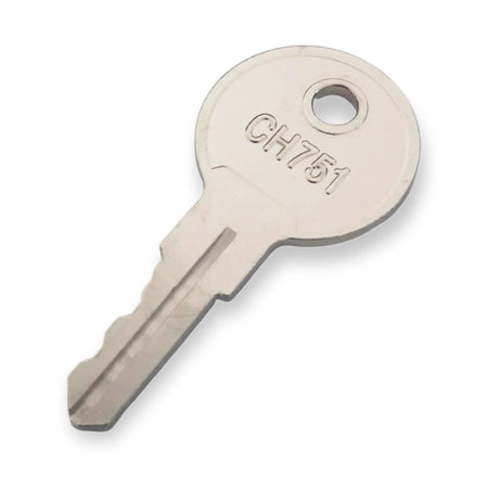 Key Control Cabinet SJ Kone Compatible CH751 (CH751-KEY), top view of a metal key with engraved code and cut blade, on white background.