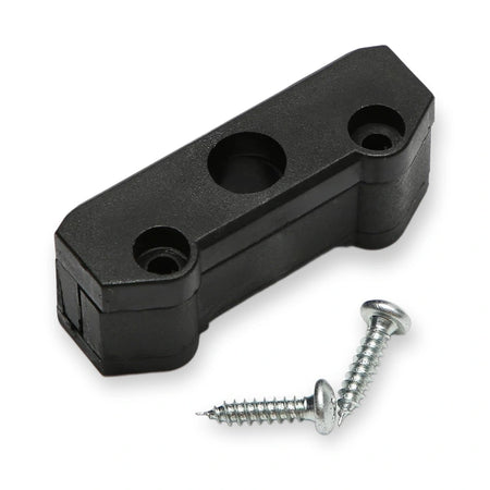 Fermator VF door operator belt clamp HTD 5M assembled with two screws on white background.