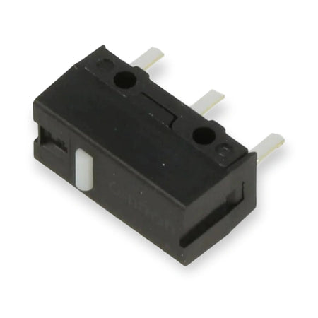 Omron D2FC-F-7N(20M) Relay Snap Action Microswitch SPST-NO (D2FC-F-7N-20M), black rectangular switch with white actuator and three metal pins, on white background.