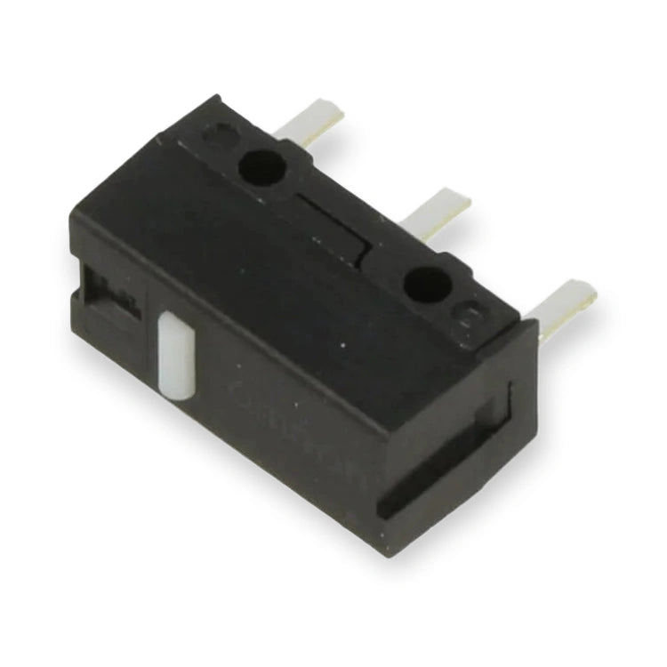 Omron D2FC-F-7N(20M) Relay Snap Action Microswitch SPST-NO (D2FC-F-7N-20M), black rectangular switch with white actuator and three metal pins, on white background.