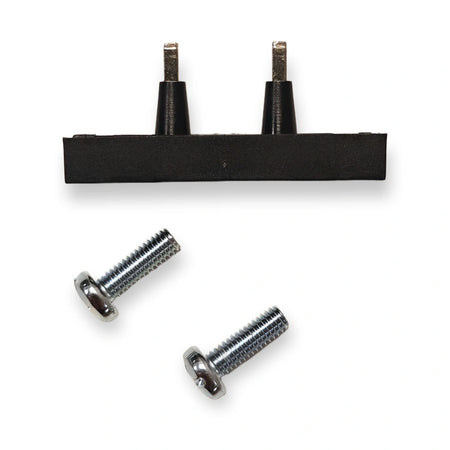 SUNS DCA-18 door lock contact bridge 18 mm, black, with two contact pins and two fixing screws, on white background.