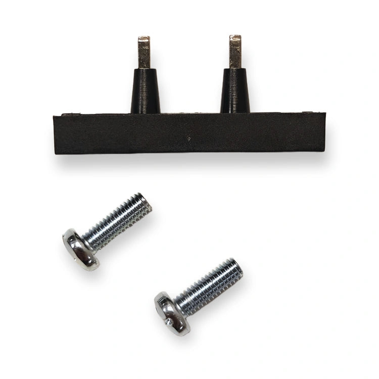SUNS DCA-18 door lock contact bridge 18 mm, black, with two contact pins and two fixing screws, on white background.